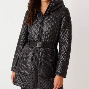 Michael Kors Quilted Puffer Coat Belt Hood Black Long Jacket Packable Size XS